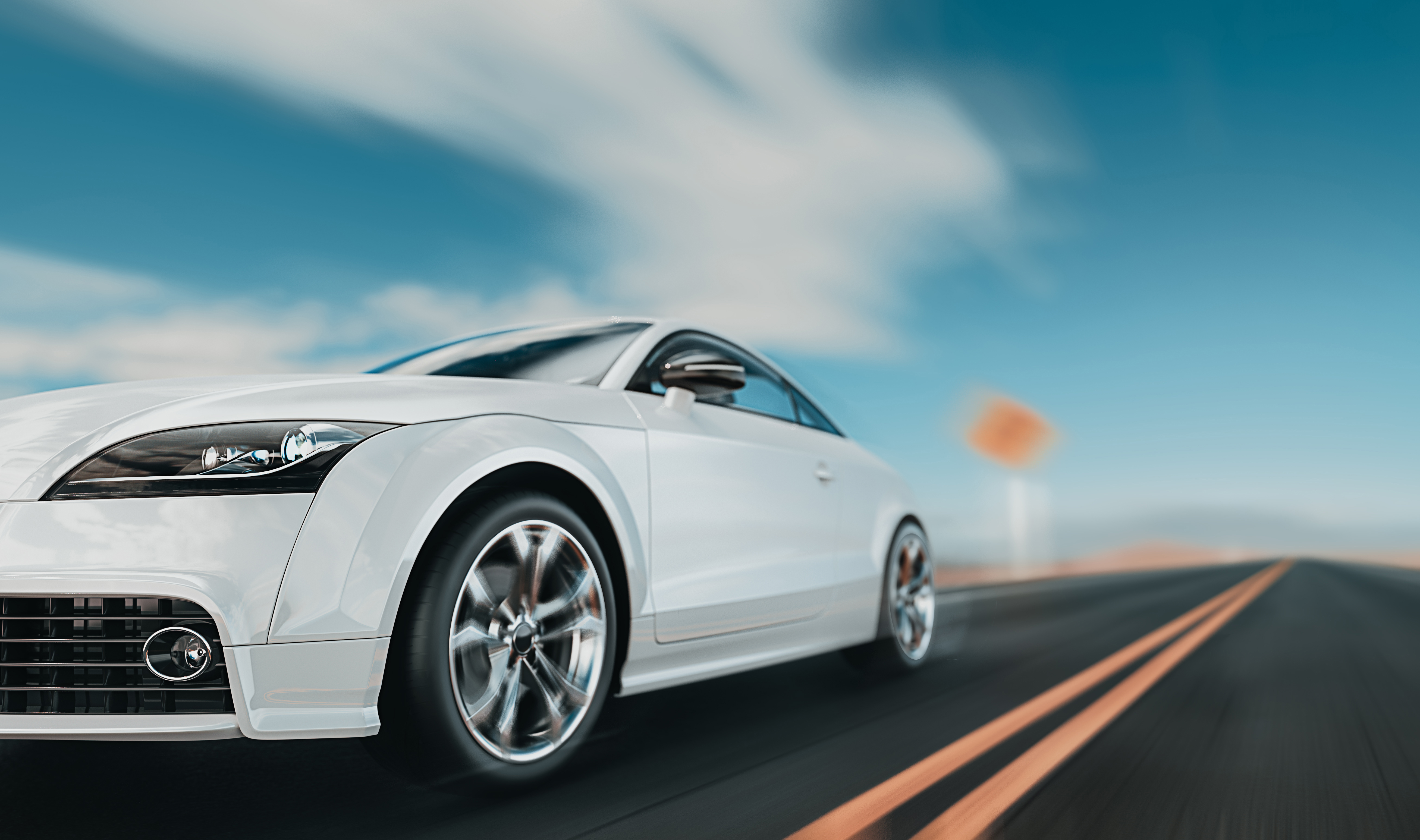 White front cars running on the road. 3d rendering and illustration.